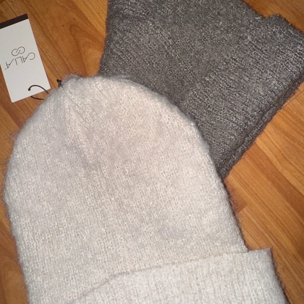 NEW off white womens ivory & gray/brown soft fuzzy calia luxe beenie hats - Picture 3 of 4